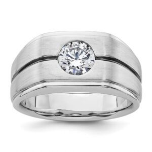 Silver ring with single round diamond.