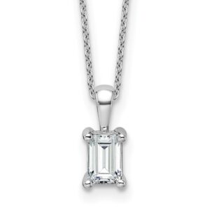 Emerald-cut diamond necklace on chain.