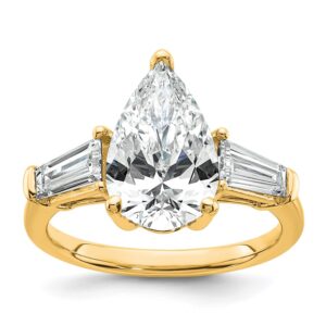 Pear-shaped diamond ring with baguette accents.