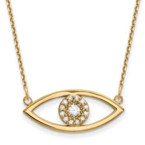 Gold necklace with eye-shaped pendant.
