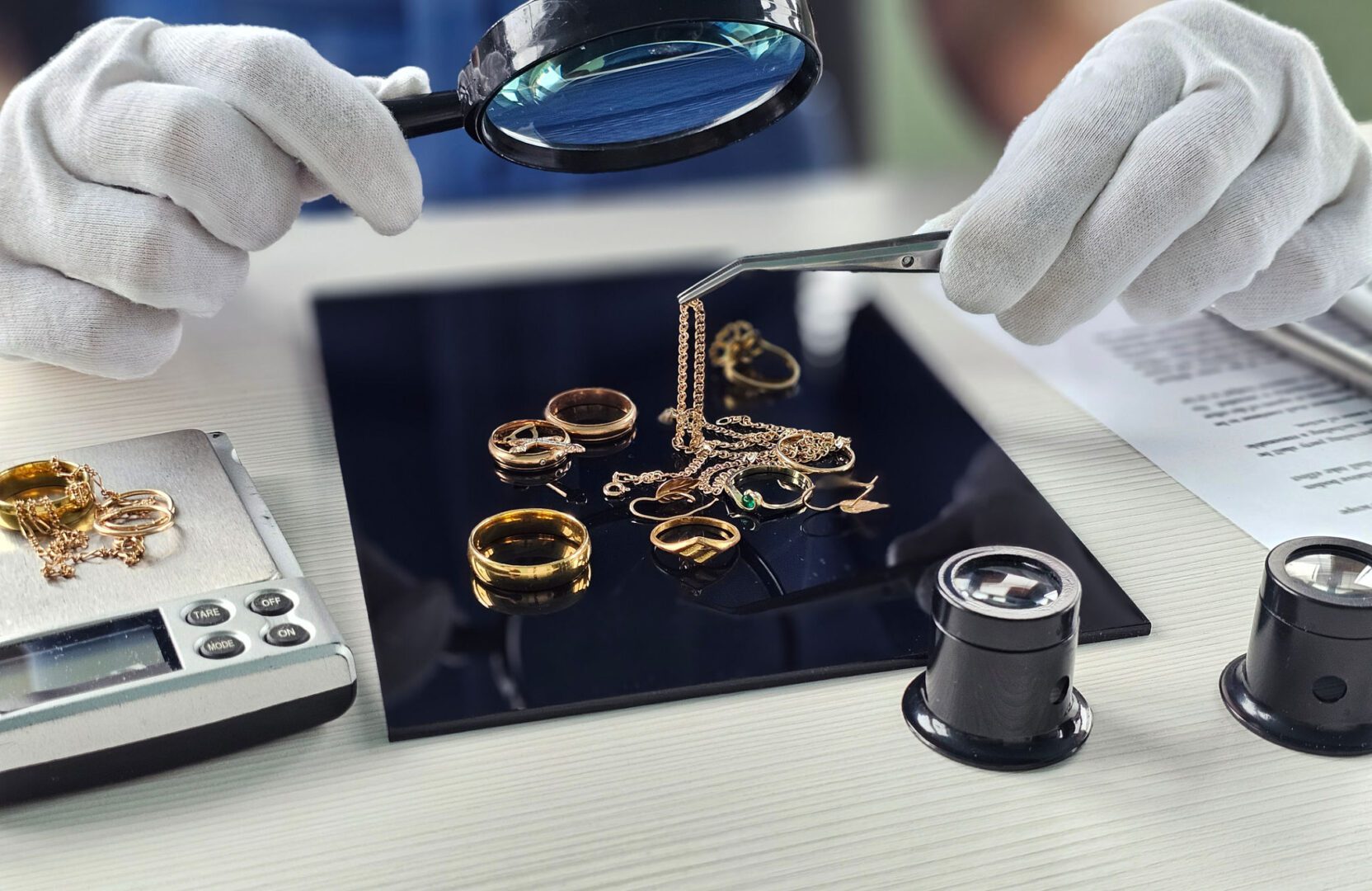 Jewelry examination with magnifying glass and tweezers.