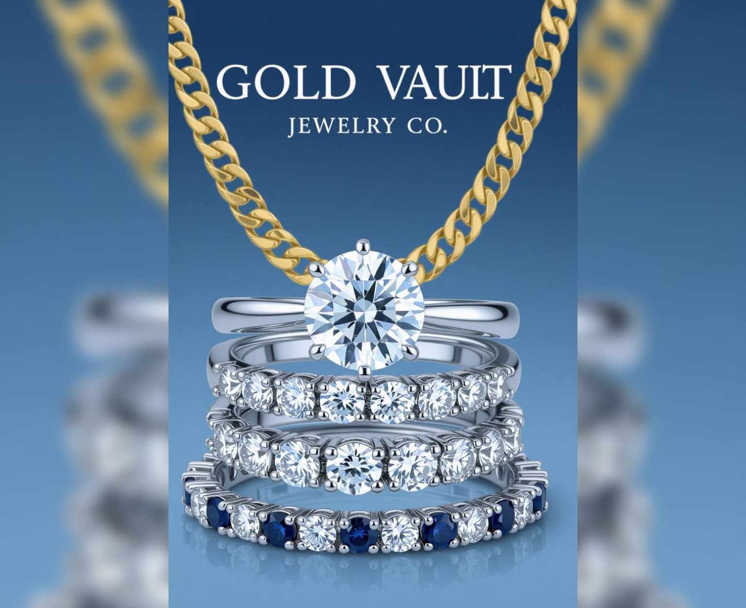 Elegant diamond rings and gold chain necklace from Gold Vault Jewelry Co.