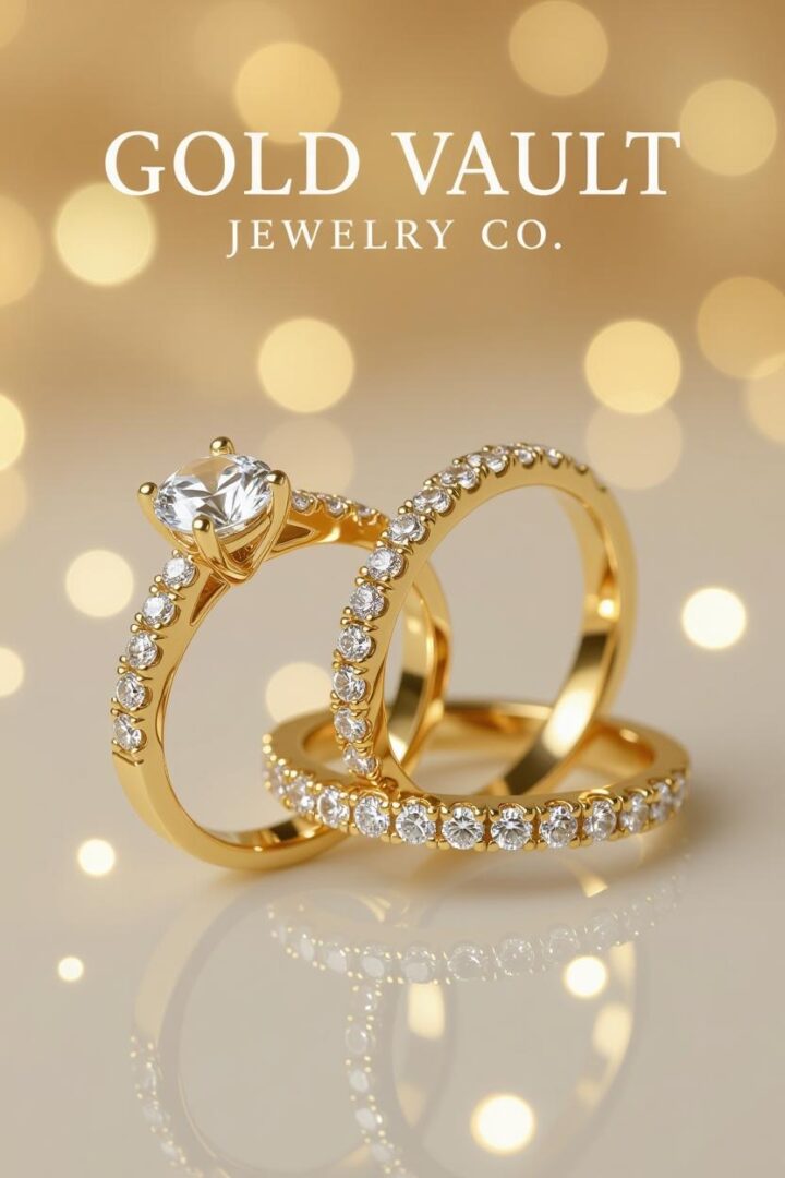 Elegant gold rings with diamonds on a soft, glowing background.