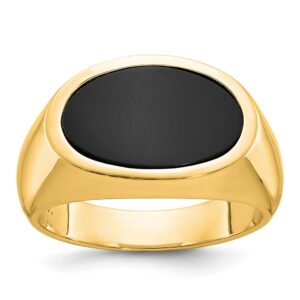 Gold ring with a black oval onyx stone.