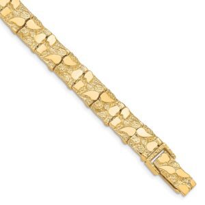 Close-up of a gold bracelet with rectangular links.