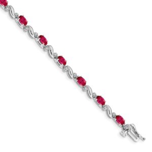 Silver bracelet with oval red gemstones linked by small silver connectors.
