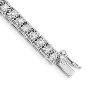 Close-up of a silver bracelet with round diamonds.