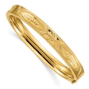 Elegant gold bracelet with intricate floral engravings.