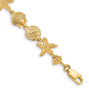 Gold bracelet with seashell and starfish charms.