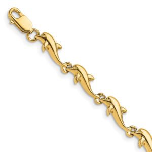 Elegant gold bracelet with dolphin-shaped links.