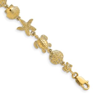 Gold bracelet with intricate animal and floral designs.