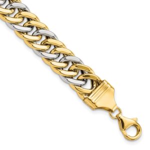 Close-up of a gold and silver chain bracelet with a lobster clasp.