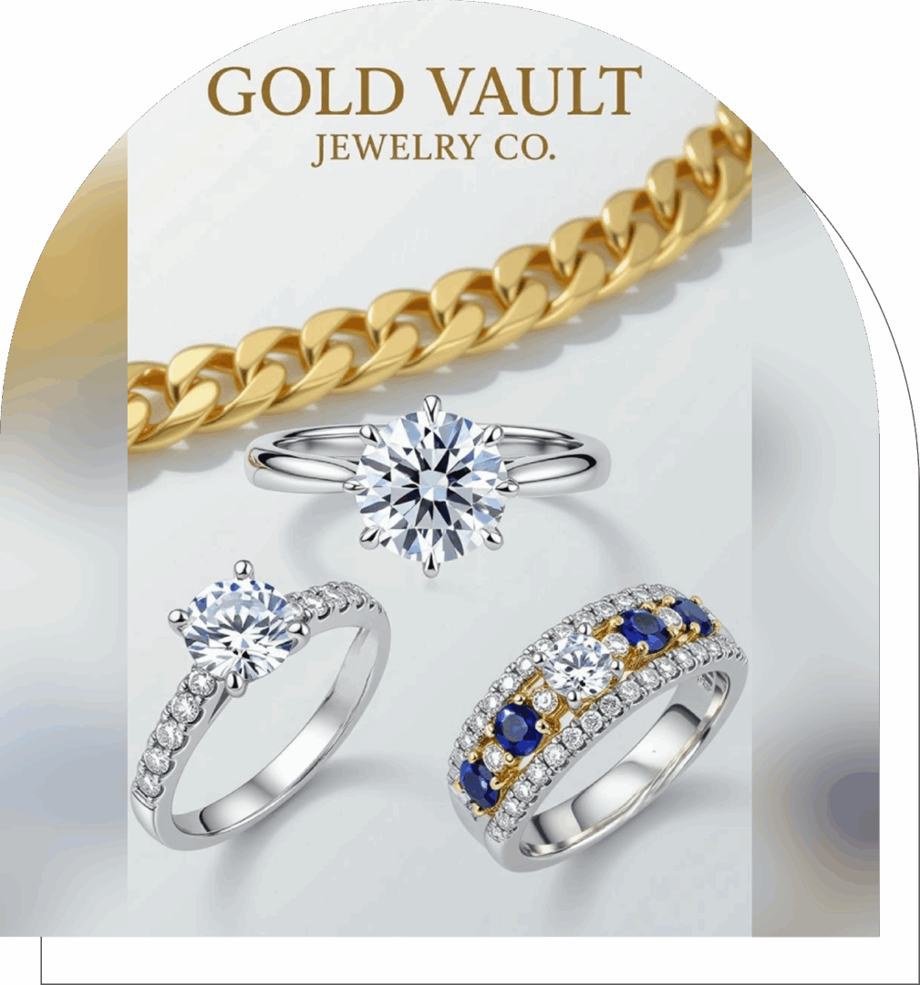Elegant gold chain and sparkling diamond rings from Gold Vault Jewelry Co.
